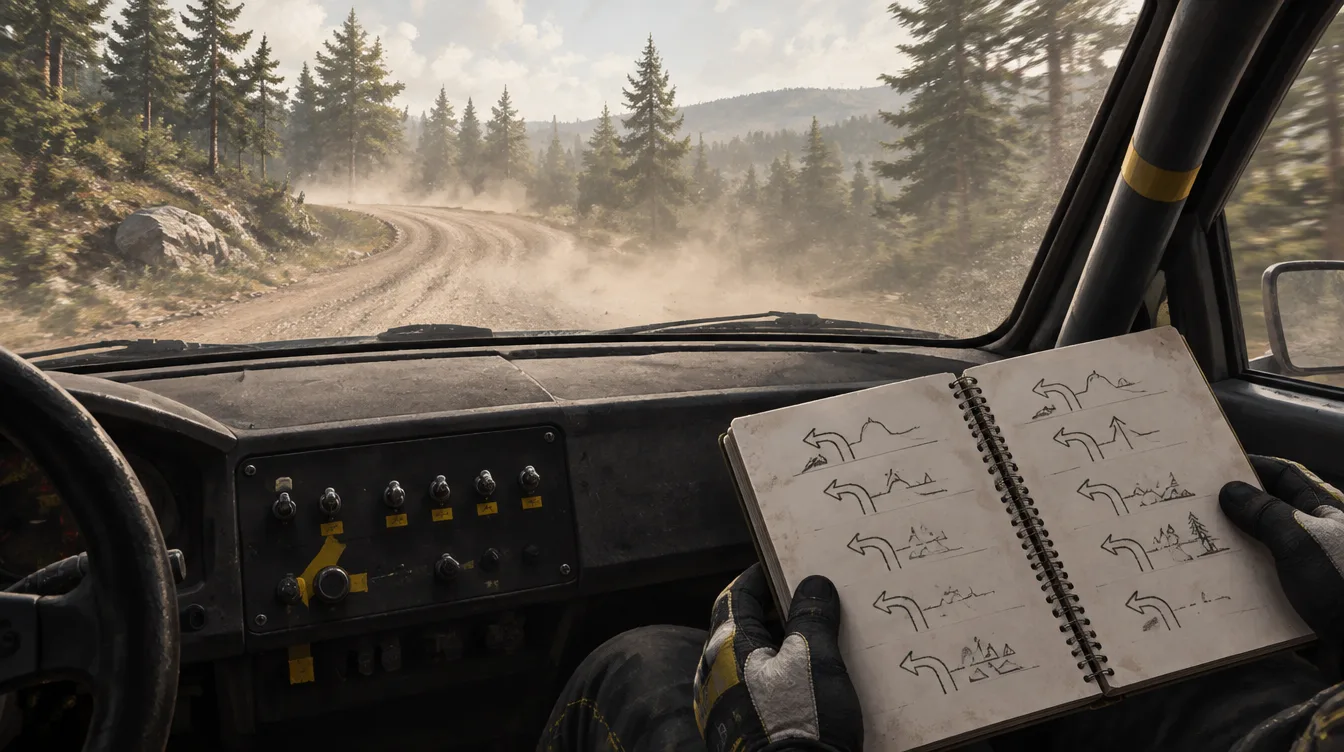 Pandangan dari kursi ko-pengemudi: tangan bersarung memegang buku pace notes penuh diagram panah, jalan kerikil hutan berdebu di kaca depan